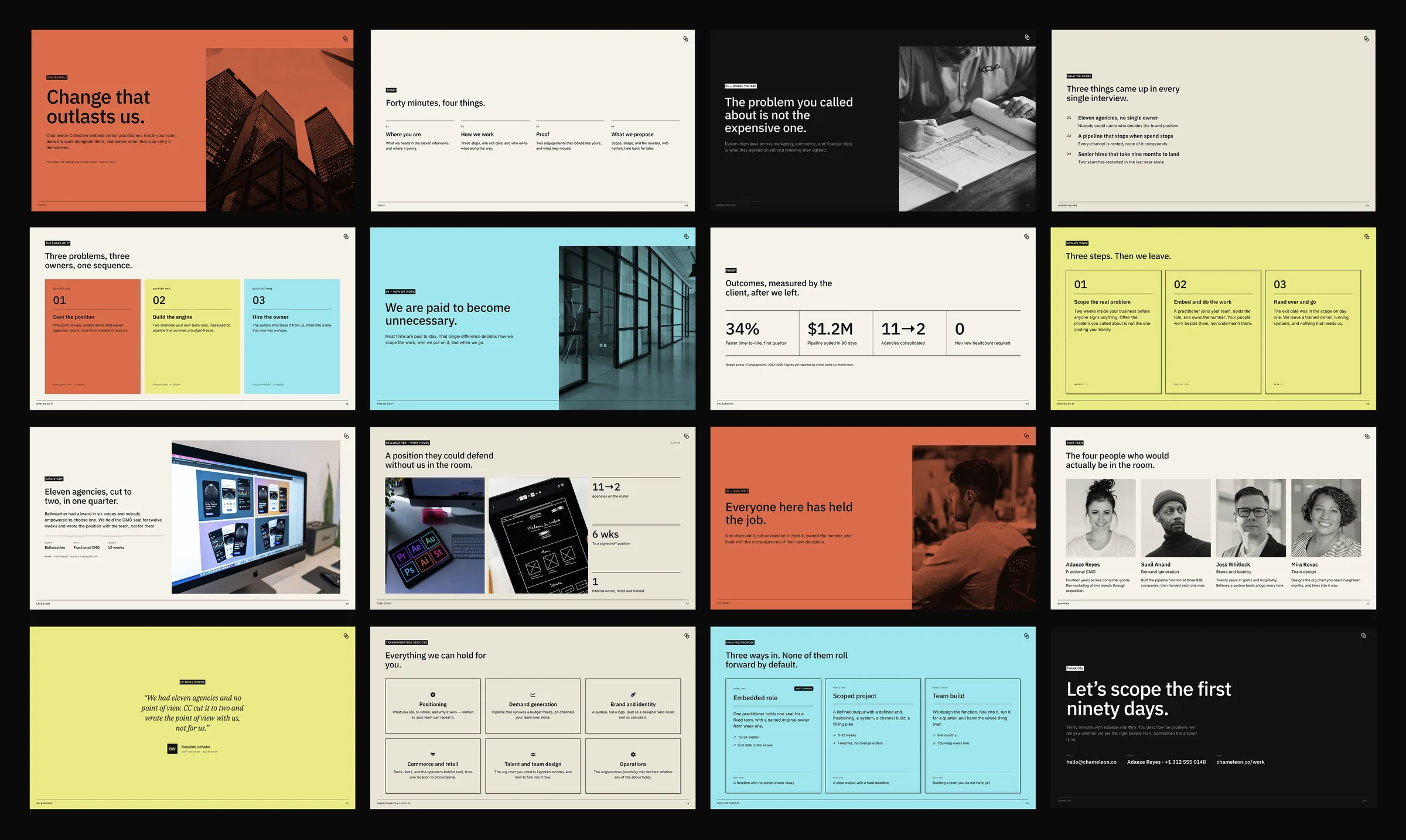 Credentials and pitch slides, each section one colour edge to edge.