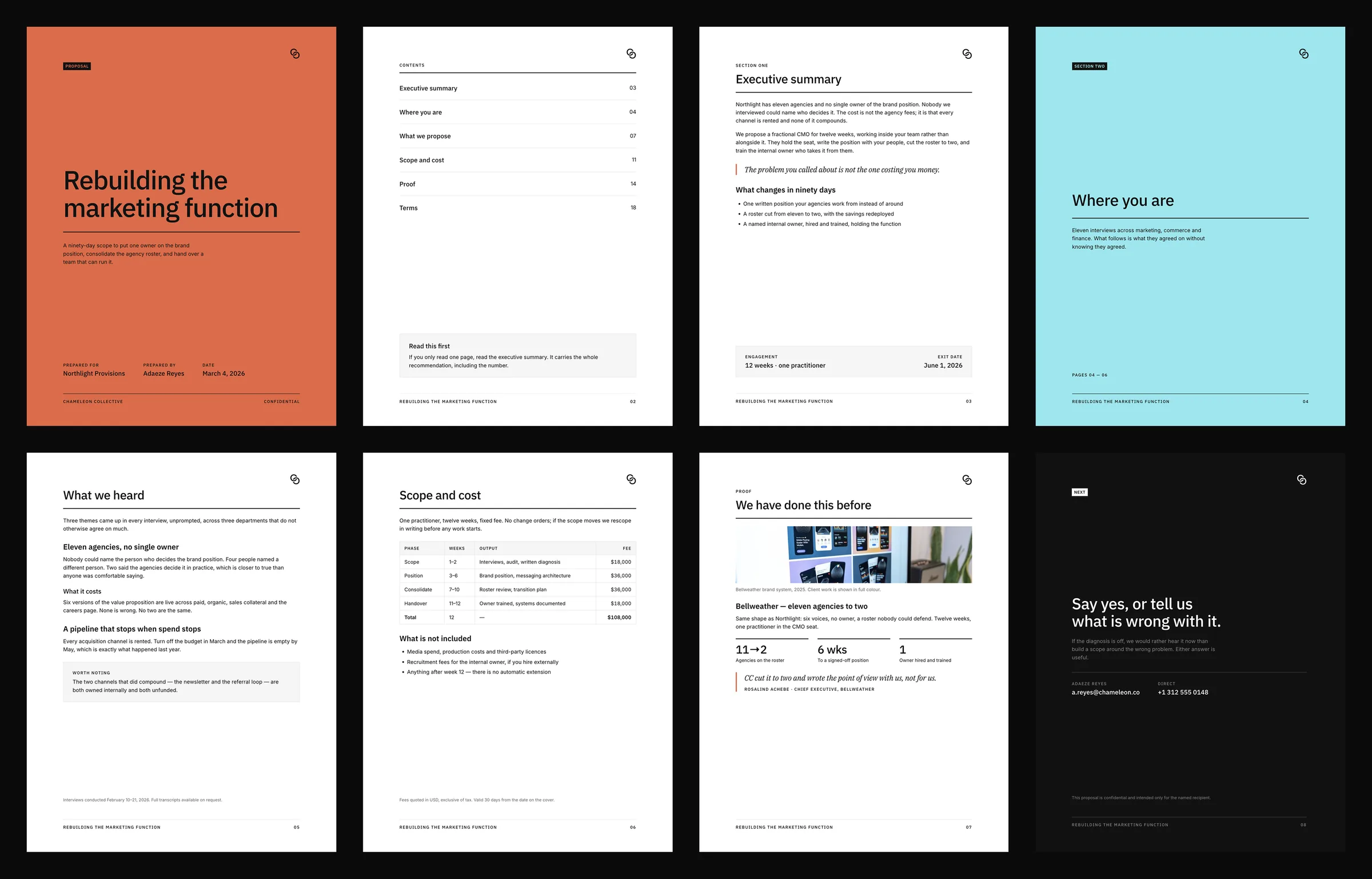 One-pagers and leave-behinds produced without a designer in the loop.